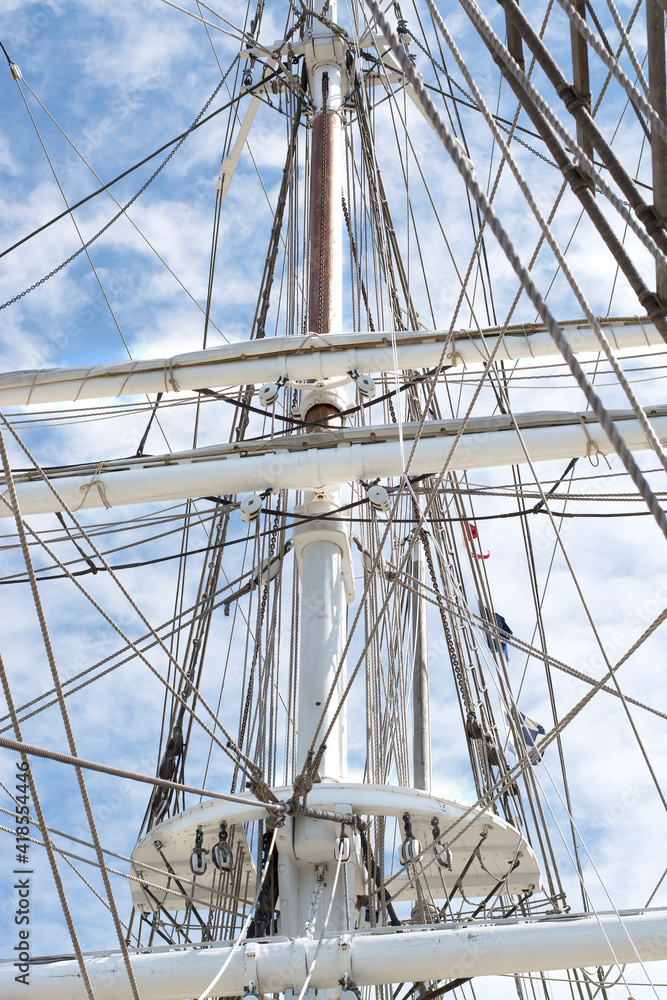 Fototapeta premium Mast and ropes of older sailing ship. 