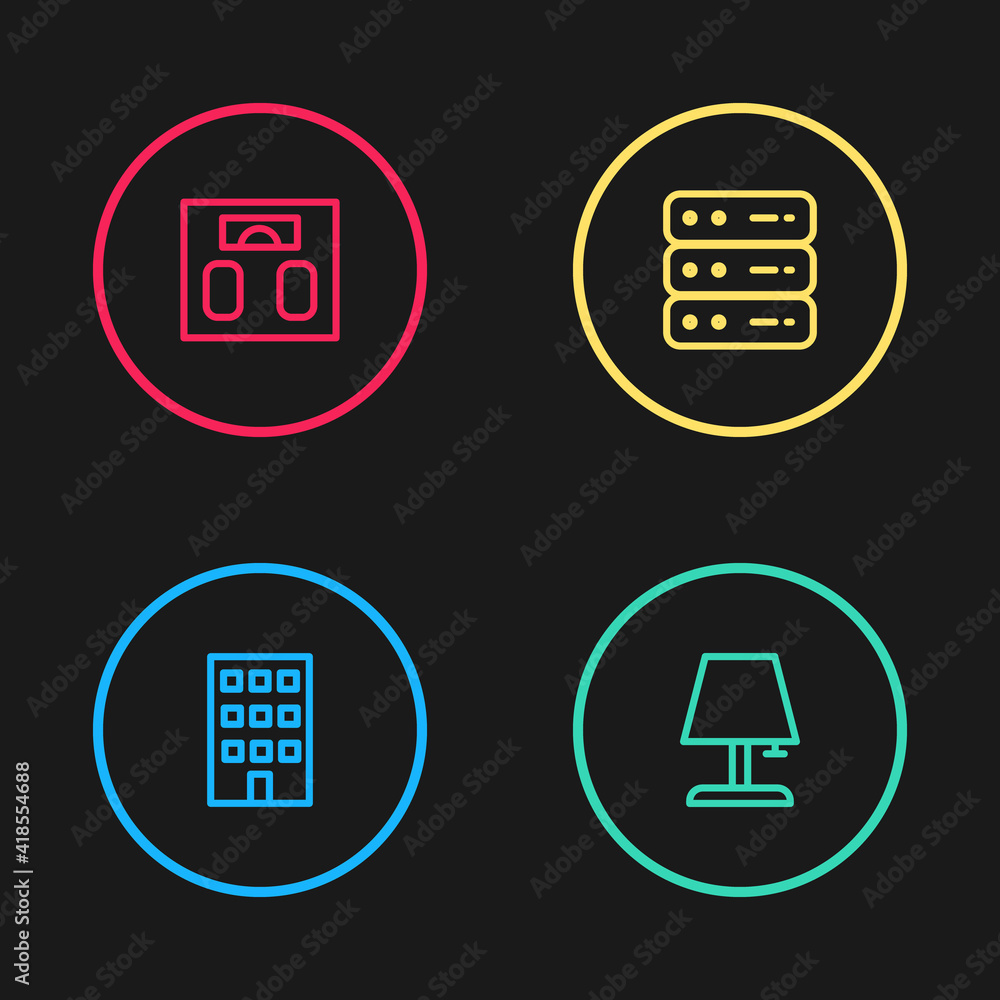 Set line House, Table lamp, Server, Data, Web Hosting and Bathroom scales icon. Vector. Set line House, Table lamp, Server, Data, Web Hosting and Bathroom scales icon. Vector.