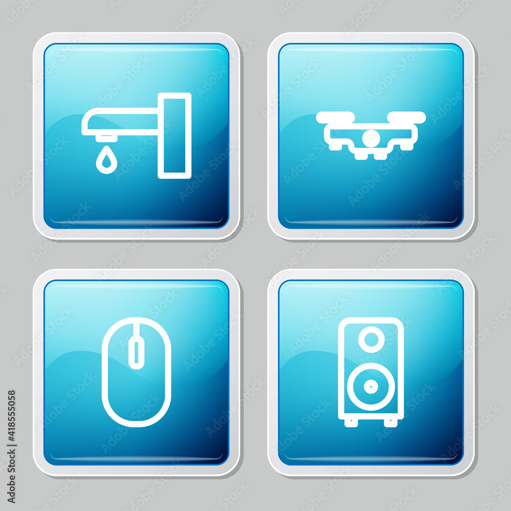 Set line Water tap, Drone flying, Computer mouse and Stereo speaker icon. Vector. Set line Water tap, Drone flying, Computer mouse and Stereo speaker icon. Vector.