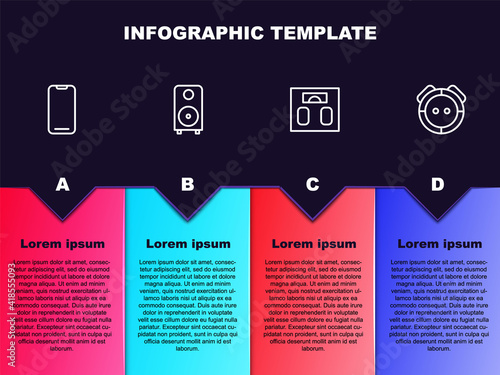 Set line Smartphone, Stereo speaker, Bathroom scales and Robot vacuum cleaner. Business infographic template. Vector.