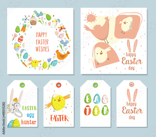 Spring illustrations set. Square easter cards, gift tags and labels.Wreath of Easter elements. Hare, egg hunter. Cute and modern vector illustration. Great for social media post greetings