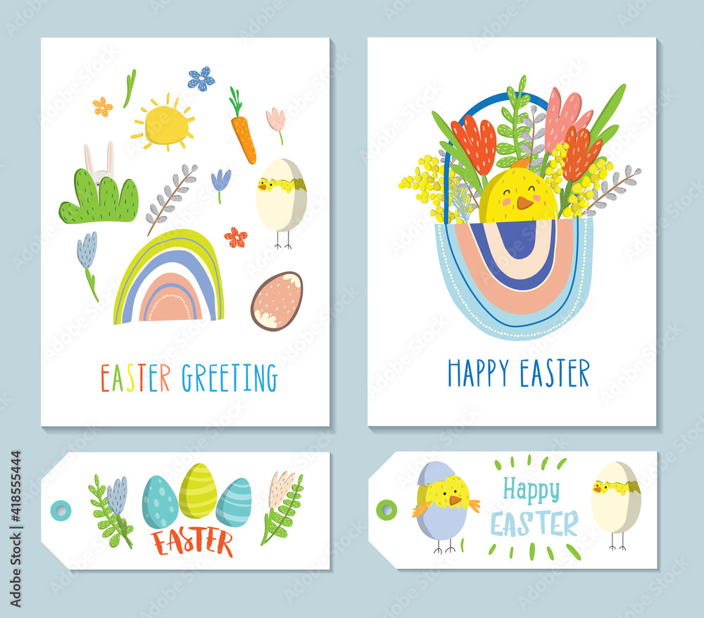 Spring illustrations set. Easter cards, gift tags and labels. Easter clipart. Easter elements. Cute and modern vector illustration. Great for social media greetings