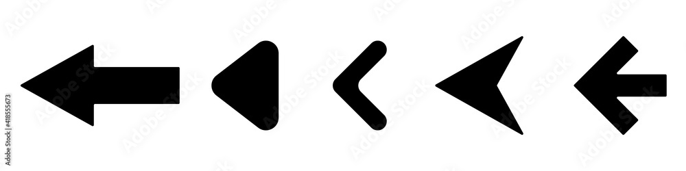 Black arrows pointing to the left icon set. Vector set of trendy black arrows in flat style. Collection of simple vector arrows. Cursors icons. Vector illustration. Black arrows pointing to the left icon set. Vector set of trendy black arrows in flat style. Collection of simple vector arrows. Cursors icons. Vector illustration.