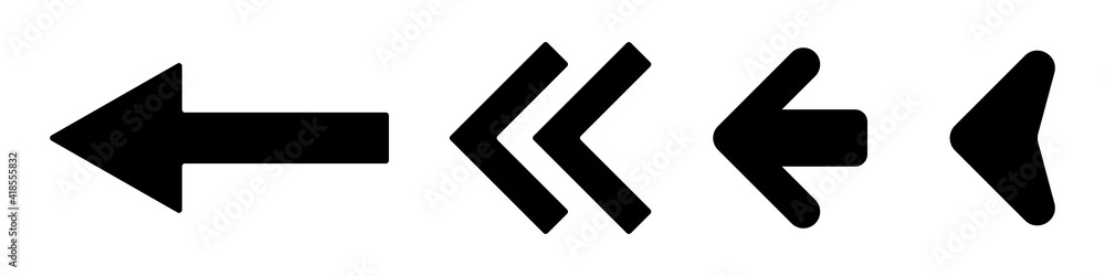 Black arrows pointing to the left icon set. Vector set of trendy black arrows in flat style. Collection of simple vector arrows. Cursors icons. Vector illustration. Black arrows pointing to the left icon set. Vector set of trendy black arrows in flat style. Collection of simple vector arrows. Cursors icons. Vector illustration.