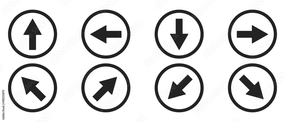 Arrows vector set. Arrows set in black circles in different directions. Cursors vector icon. Vector illustration. Arrows vector set. Arrows set in black circles in different directions. Cursors vector icon. Vector illustration.