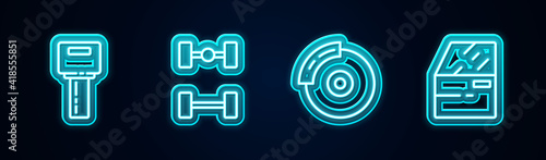 Set line Car key with remote, Chassis car, brake disk caliper and door. Glowing neon icon. Vector.