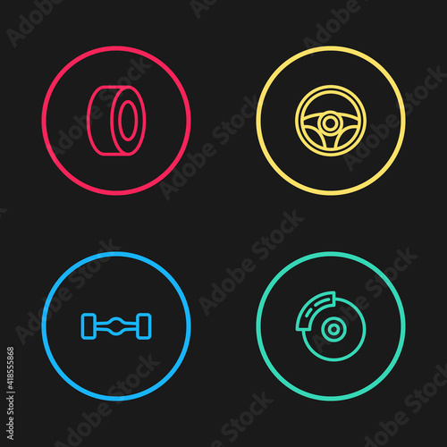 Set line Chassis car, Car brake disk with caliper, Steering wheel and tire icon. Vector.