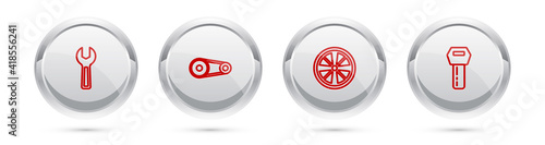Free Download Set line Wrench spanner, Timing belt kit, Alloy wheel and Car key with remote. Silver circle button. Vector. - GFXLoad
