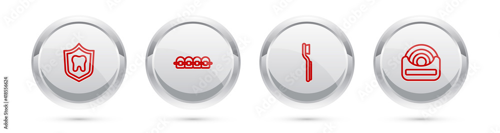 Set line Dental protection, Teeth with braces, Toothbrush and floss. Silver circle button. Vector. Set line Dental protection, Teeth with braces, Toothbrush and floss. Silver circle button. Vector.
