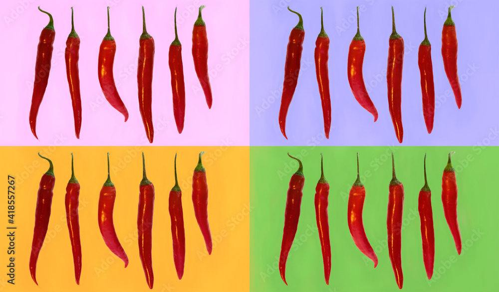Fototapeta premium Mehrere Chili in einer Reihe auf bunten Hintergründen als Collage