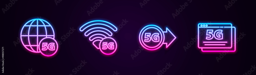 Set line 5G network, , and . Glowing neon icon. Vector. Set line 5G network, , and . Glowing neon icon. Vector.