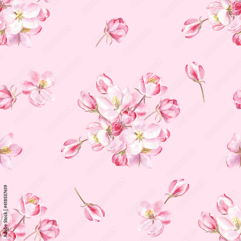 Apple blossom floral pattern painted in watercolors on tender pink background. Elegant design for springtime. Good for fabric, wrapping paper, wallpapers and more.