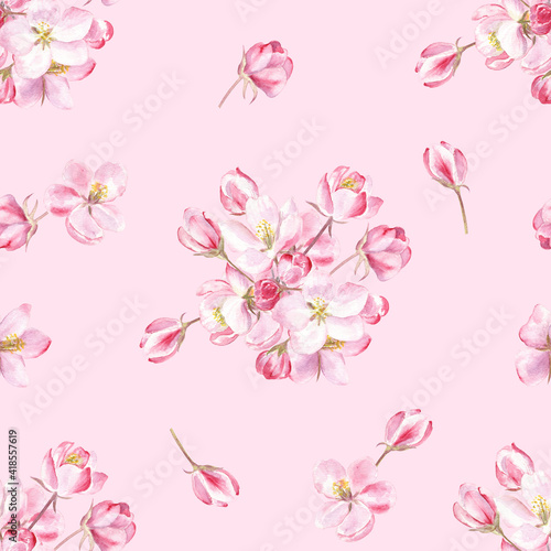 Apple blossom floral pattern painted in watercolors on tender pink background. Elegant design for springtime. Good for fabric  wrapping paper  wallpapers and more.