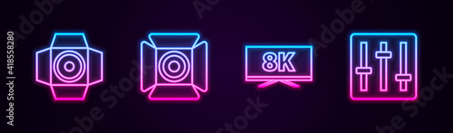 Set line Movie spotlight, , Screen tv with 8k and Sound mixer controller. Glowing neon icon. Vector.