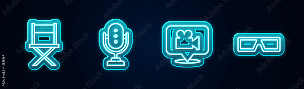 Set line Director movie chair, Microphone, Camera and location and 3D cinema glasses. Glowing neon icon. Vector. Set line Director movie chair, Microphone, Camera and location and 3D cinema glasses. Glowing neon icon. Vector.