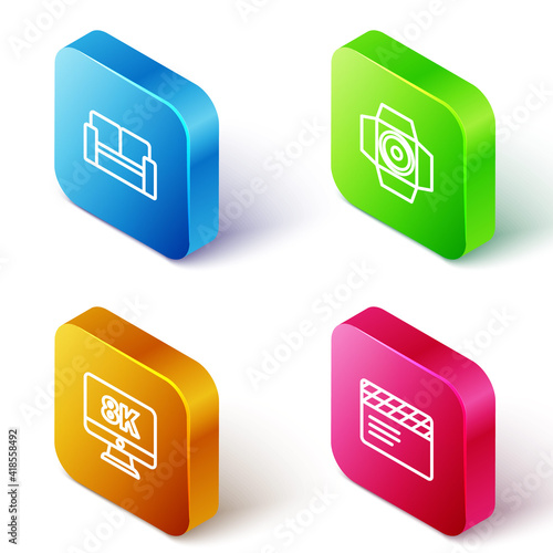 Set Isometric line Cinema chair, Movie spotlight, Monitor with 8k and clapper icon. Vector.