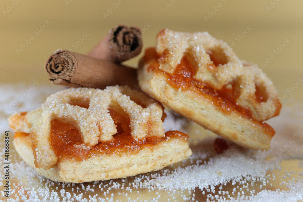 Puff pastry cookies with jam.Beautiful background.