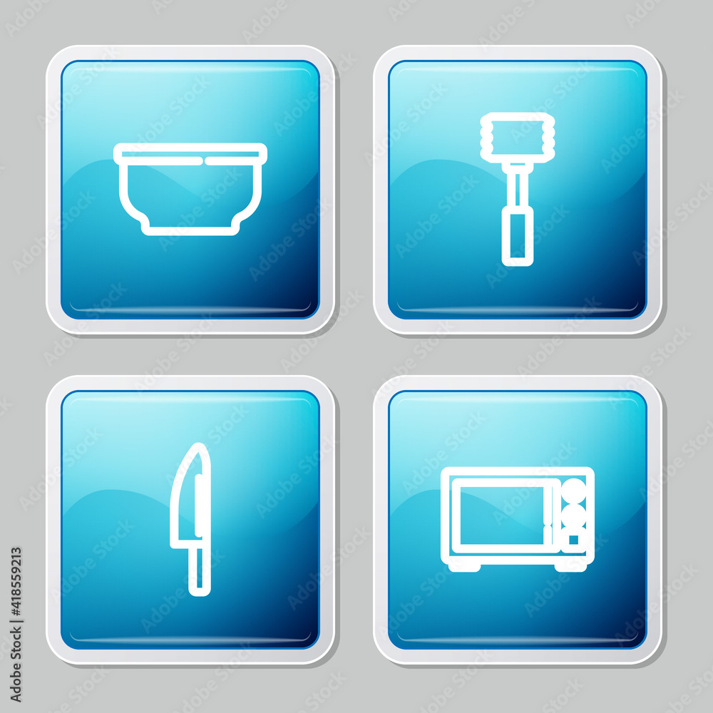 Set line Bowl, Kitchen hammer, Knife and Microwave oven icon. Vector. Set line Bowl, Kitchen hammer, Knife and Microwave oven icon. Vector.