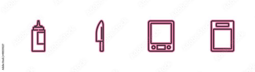 Set line Sauce bottle, Electronic scales, Knife and Cutting board icon. Vector. Set line Sauce bottle, Electronic scales, Knife and Cutting board icon. Vector.