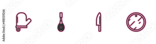 Set line Oven glove, Knife, Kitchen whisk and Cutting board icon. Vector.