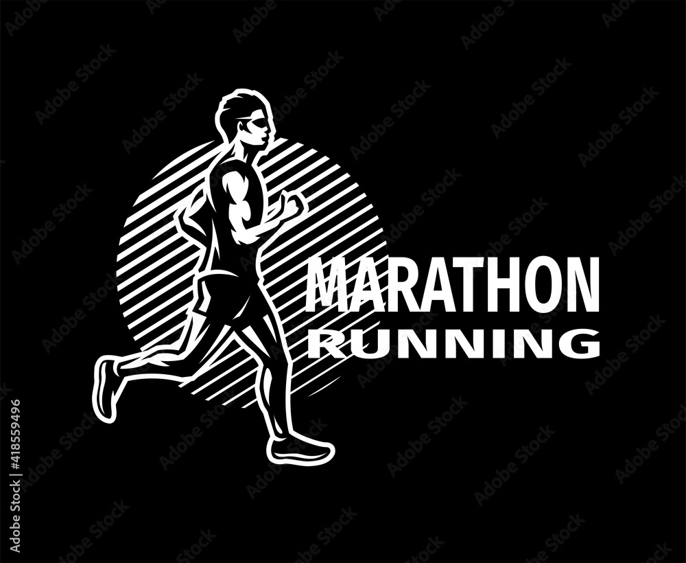 Running marathon. Logo, emblem. on a dark background. Vector illustration.
