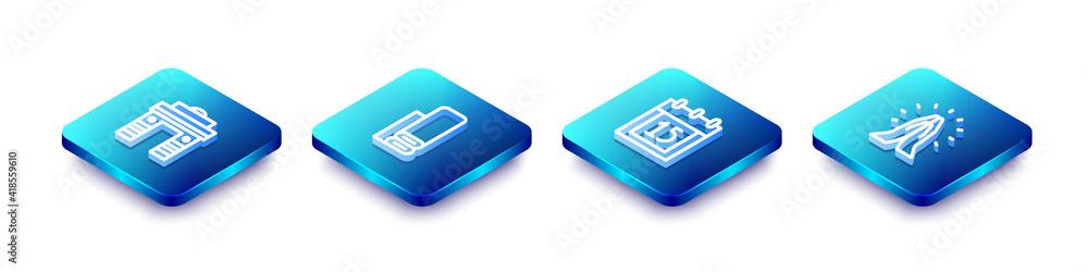 Set Isometric line India Gate in Delhi, Indian textile fabric, Independence day and Hands praying position icon. Vector. Set Isometric line India Gate in Delhi, Indian textile fabric, Independence day and Hands praying position icon. Vector.