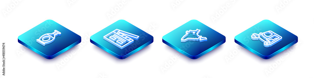 Set Isometric line Indian vase, Bollywood indian cinema, map and Taxi tuk tuk icon. Vector. Set Isometric line Indian vase, Bollywood indian cinema, map and Taxi tuk tuk icon. Vector.