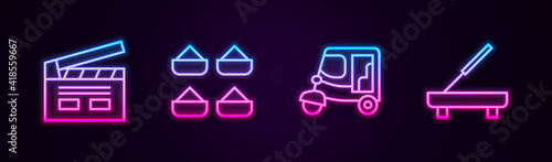 Set line Bollywood indian cinema, Indian spice, Taxi tuk tuk and Scented spa stick. Glowing neon icon. Vector.