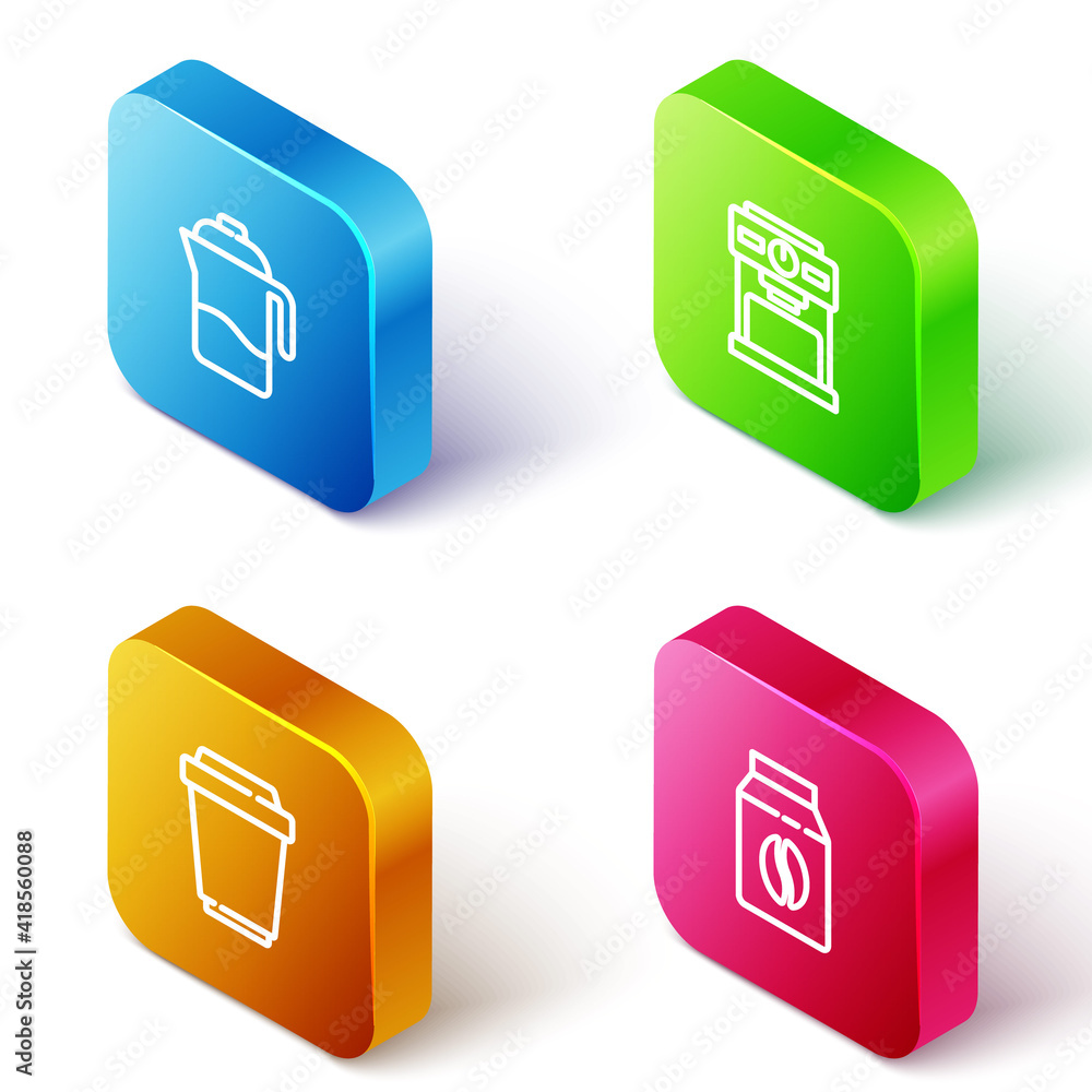 Set Isometric line French press, Coffee machine, cup to go and Bag coffee beans icon. Vector. Set Isometric line French press, Coffee machine, cup to go and Bag coffee beans icon. Vector.
