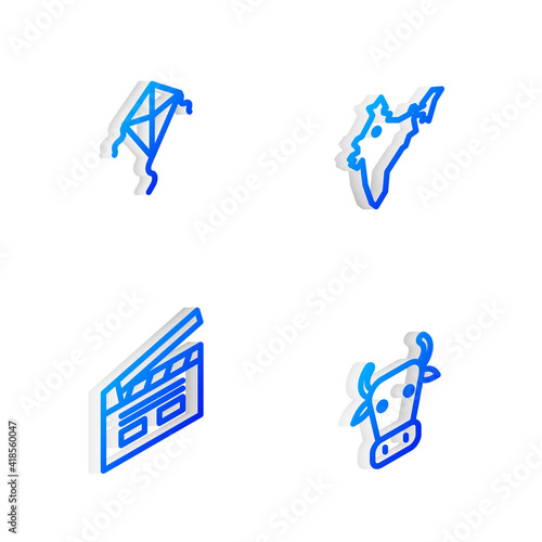 Set Isometric line India map, Kite, Bollywood indian cinema and Cow icon. Vector.