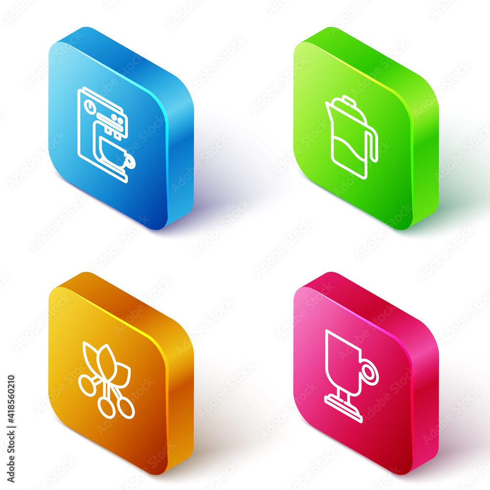 Set Isometric line Coffee machine, French press, bean, branch and Irish coffee icon. Vector. Set Isometric line Coffee machine, French press, bean, branch and Irish coffee icon. Vector.