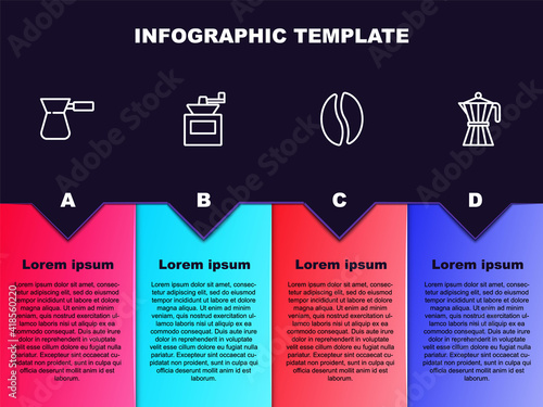 Set line Coffee turk, Manual coffee grinder, beans and moca pot. Business infographic template. Vector.