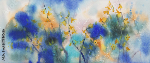 Yellow forsythia in blue and green watercolor background