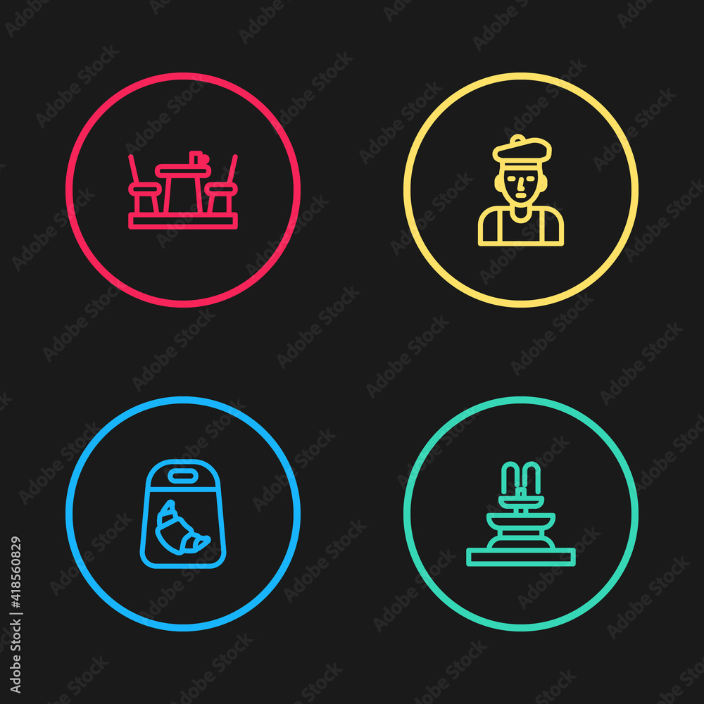 Set line Croissant package, Fountain, French man and cafe icon. Vector. Set line Croissant package, Fountain, French man and cafe icon. Vector.