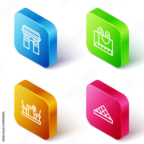 Set Isometric line Triumphal Arch, French baguette bread, cafe and Louvre museum icon. Vector.