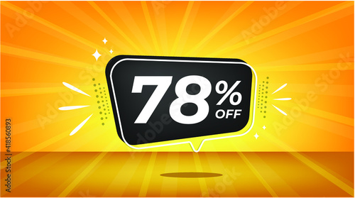 78% off. Yellow banner with seventy-eight percent discount on a black balloon for mega big sales.