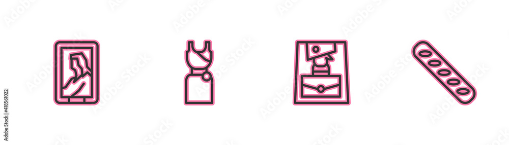 Set line Portrait in museum, Handbag, Woman dress and French baguette bread icon. Vector. Set line Portrait in museum, Handbag, Woman dress and French baguette bread icon. Vector.