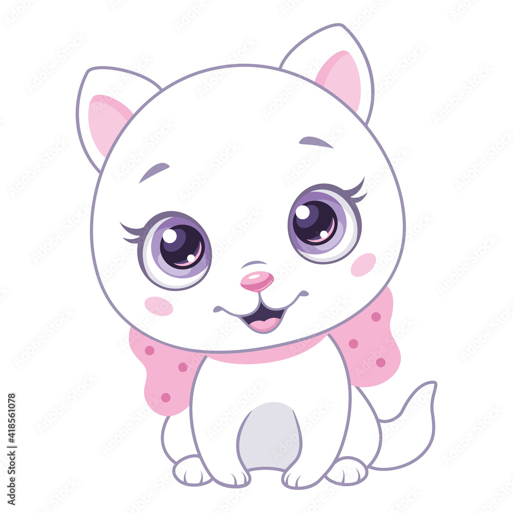 Cute white cat with pink bow sitting. Cartoon vector illustration Cute white cat with pink bow sitting. Cartoon vector illustration