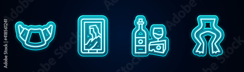 Set line Croissant, Portrait in museum, Wine bottle with cheese and Frog legs. Glowing neon icon. Vector.