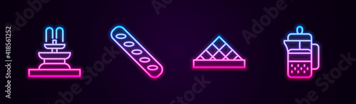Set line Fountain, French baguette bread, Louvre museum and press. Glowing neon icon. Vector.