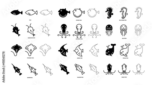Different kinds of fish line icon set. Such icons include the thin, bold and silhouette fish icon set. Editable line. Fish icon. Fish logo template. Fishing club or online web creative vector icon. © Zeybart