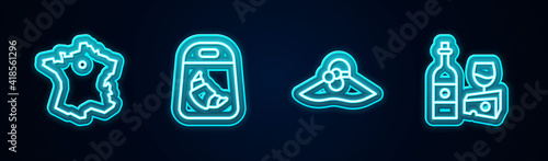 Set line Map of France, Croissant package, Elegant women hat and Wine bottle with cheese. Glowing neon icon. Vector.