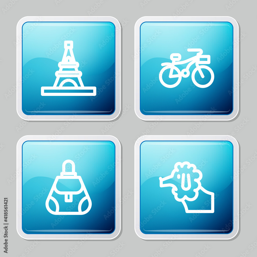 Set line Eiffel tower, Bicycle, Handbag and Poodle dog icon. Vector. Set line Eiffel tower, Bicycle, Handbag and Poodle dog icon. Vector.