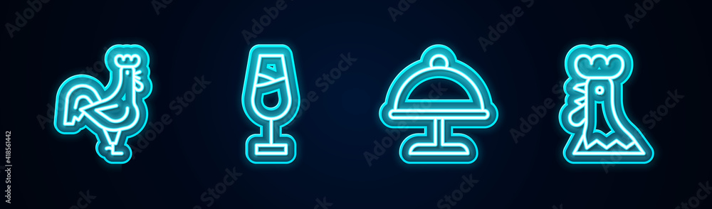 Set line French rooster, Wine glass, Covered with tray and . Glowing neon icon. Vector. Set line French rooster, Wine glass, Covered with tray and . Glowing neon icon. Vector.