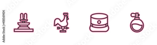 Set line Fountain, Kepi, Rooster weather vane and Perfume icon. Vector.