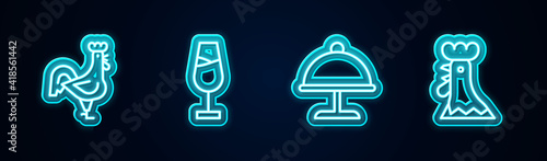 Set line French rooster, Wine glass, Covered with tray and . Glowing neon icon. Vector.