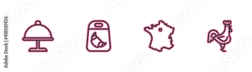 Set line Covered with tray, Map of France, Croissant package and French rooster icon. Vector.