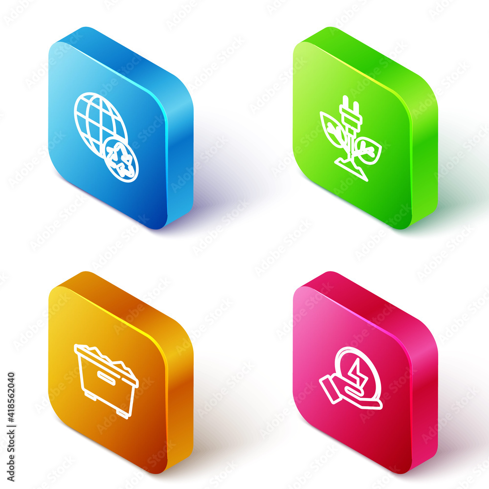 Set Isometric line Planet earth and recycling, Electric saving plug leaf, Trash can and Lightning bolt icon. Vector. Set Isometric line Planet earth and recycling, Electric saving plug leaf, Trash can and Lightning bolt icon. Vector.