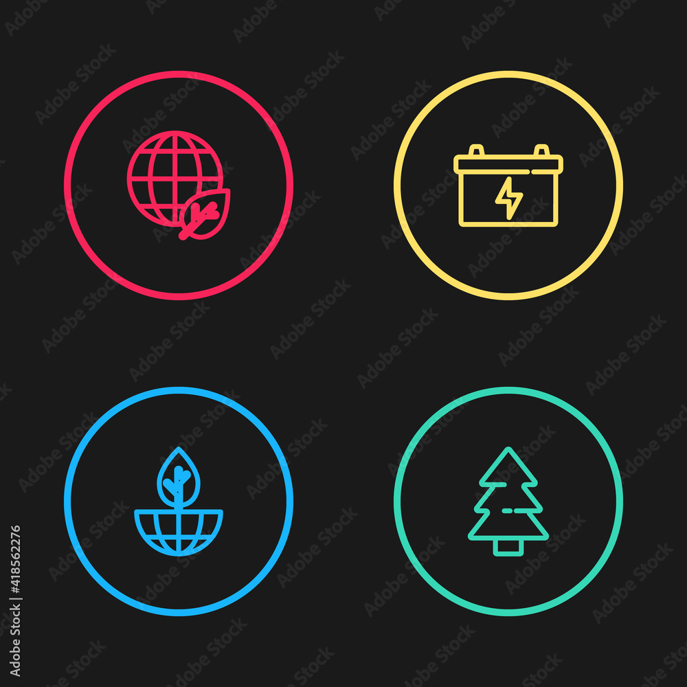Set line Earth globe and plant, Christmas tree, Car battery and leaf icon. Vector. Set line Earth globe and plant, Christmas tree, Car battery and leaf icon. Vector.