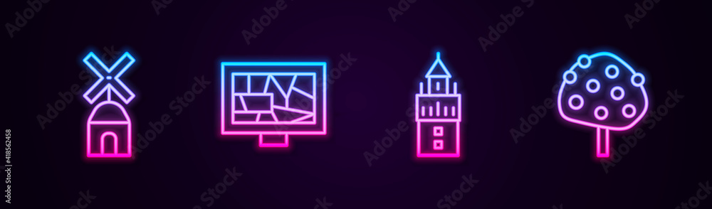 Set line Windmill, Picture art, Giralda and Orange tree. Glowing neon icon. Vector. Set line Windmill, Picture art, Giralda and Orange tree. Glowing neon icon. Vector.